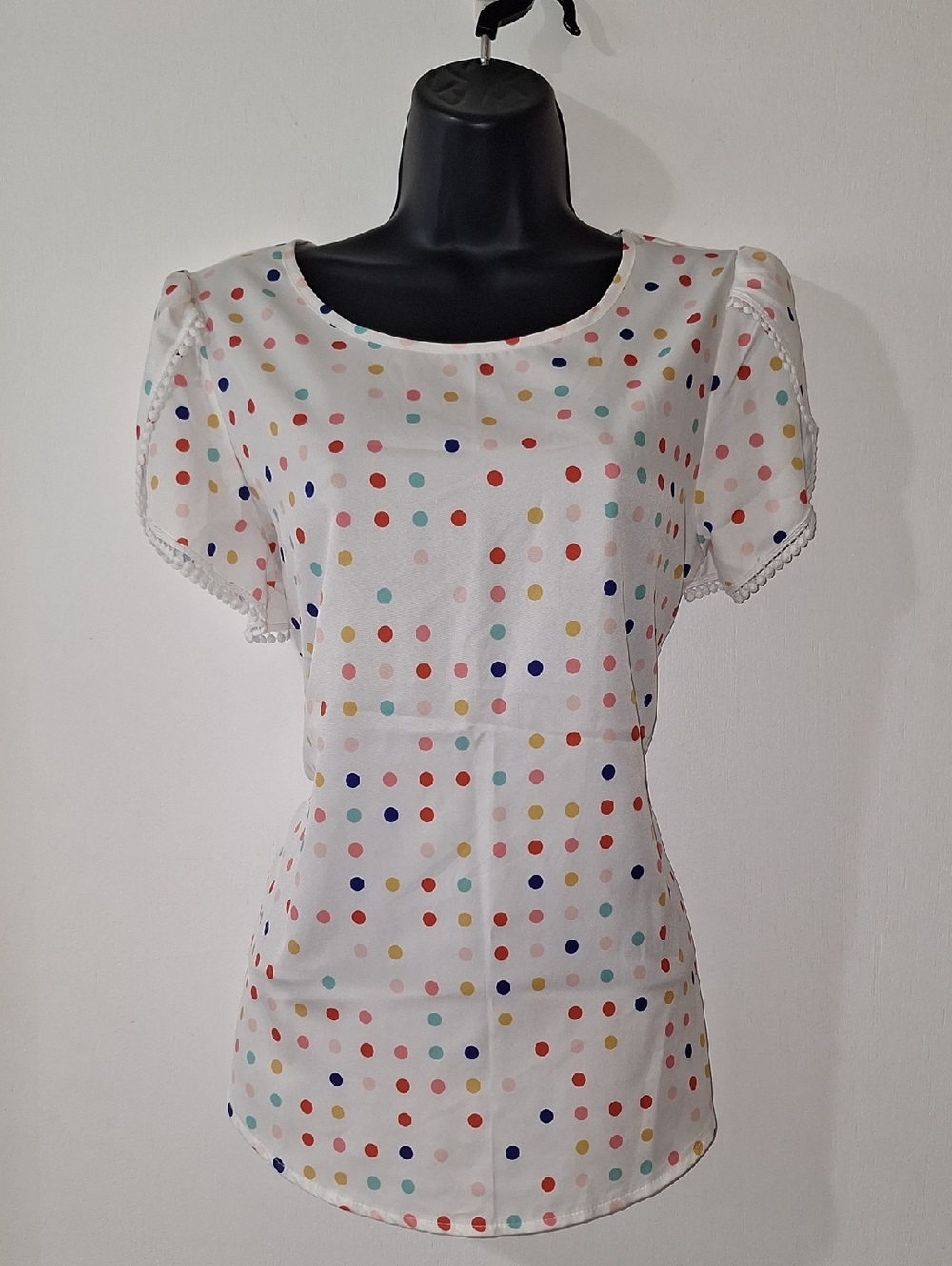 White Polka Dot Short Puff Sleeve Blouse Short Puff Sleeve Shirt Womens - Picture 7 of 8